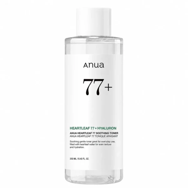 Anua Heartleaf 77 Soothing Toner 250 ml, transparente Flasche mit weißem Etikett und großem '77+' Aufdruck