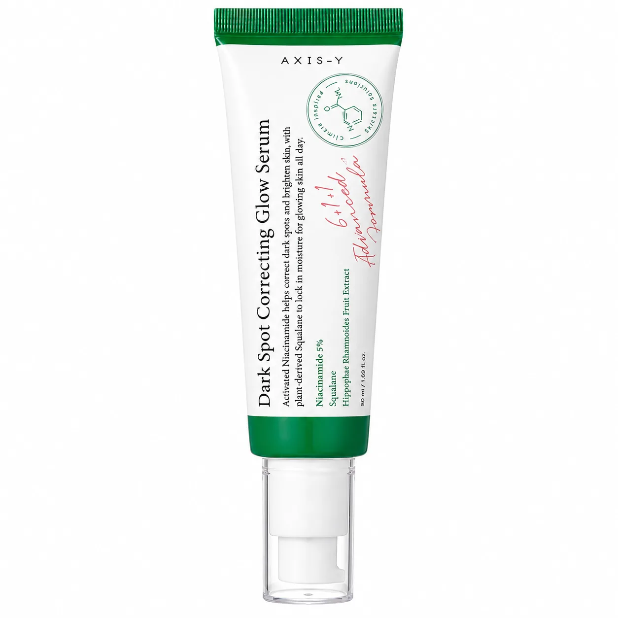 Axis-Y Dark Spot Correcting Glow Serum 50 ml Tube, weiße Tube mit grünem Deckel und Pumpspender