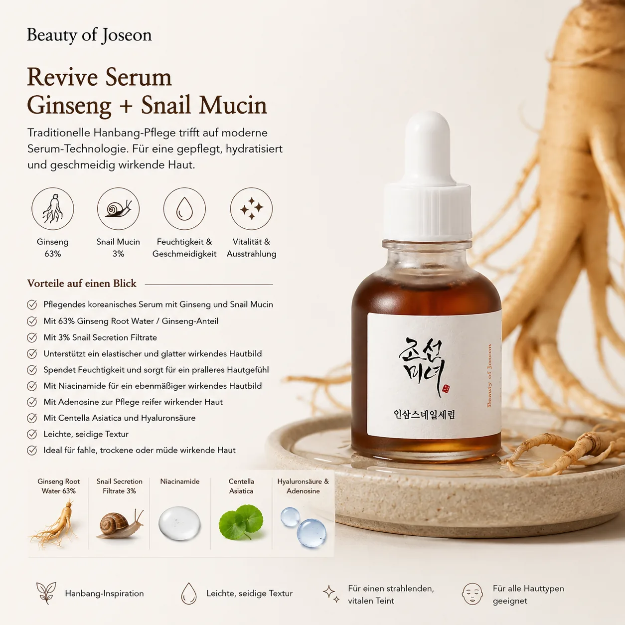 Leichte Textur des Beauty of Joseon Revive Serum mit Ginseng und Snail Mucin