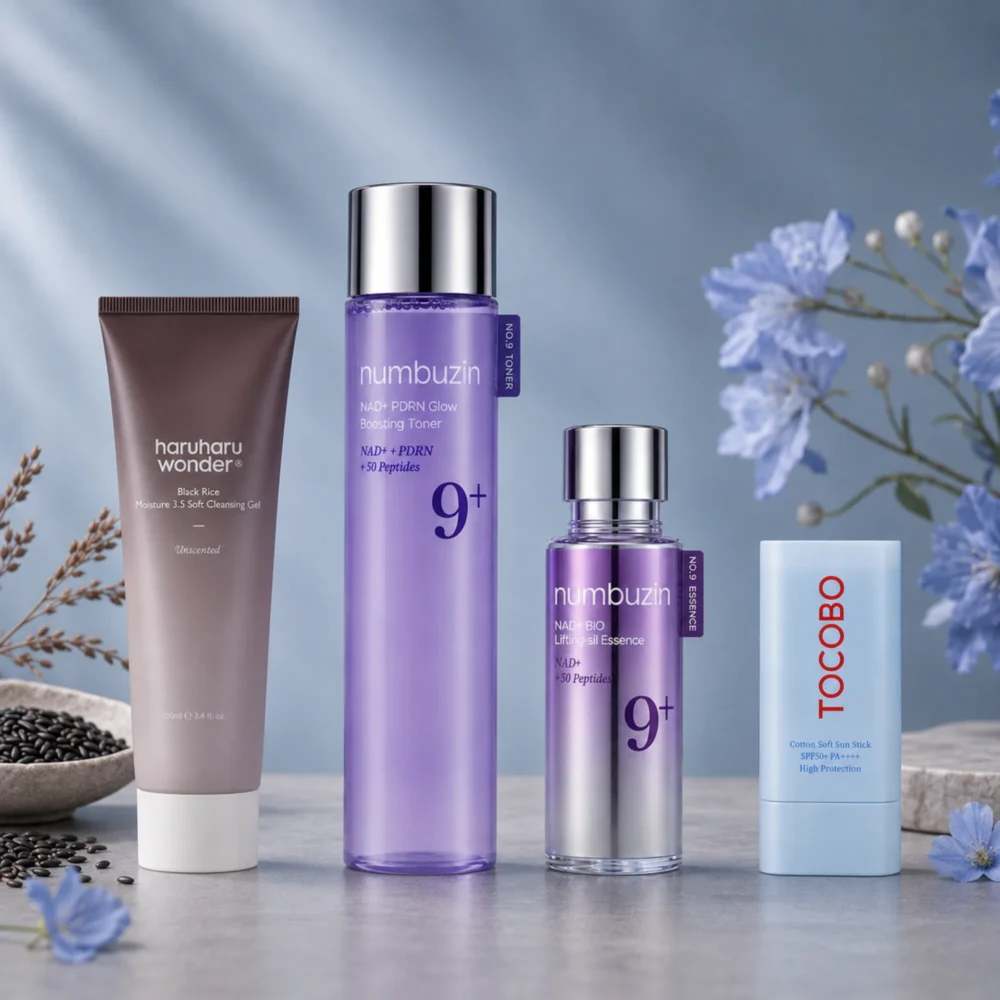 K-Beauty Blue Balance Ritual Set mit Haruharu Black Rice Cleansing Gel, Numbuzin NAD+ PDRN Toner, NAD+ Bio Essence und Tocobo Cotton Sun Stick SPF50