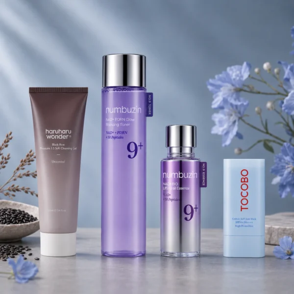 K-Beauty Blue Balance Ritual Set mit Haruharu Black Rice Cleansing Gel, Numbuzin NAD+ PDRN Toner, NAD+ Bio Essence und Tocobo Cotton Sun Stick SPF50