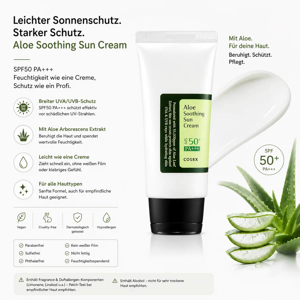 COSRX Aloe Soothing Sun Cream SPF50 PA+++ 50ml – K-Beauty Sonnenschutz für alle Hauttypen