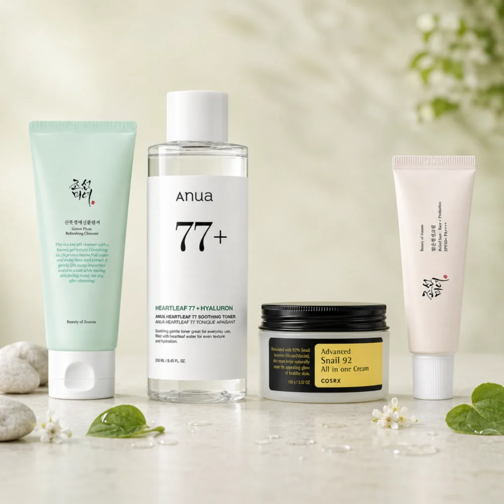 K-Beauty Starter Set Daily Glow Ritual mit Beauty of Joseon Cleanser, Anua Heartleaf Toner, COSRX Snail Cream und Relief Sun SPF50