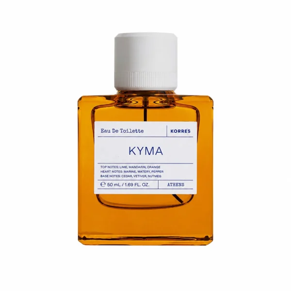 Korres Kyma Eau de Toilette Flakon 50 ml, bernsteinfarbenes Glas mit weißem Verschluss und KYMA Etikett