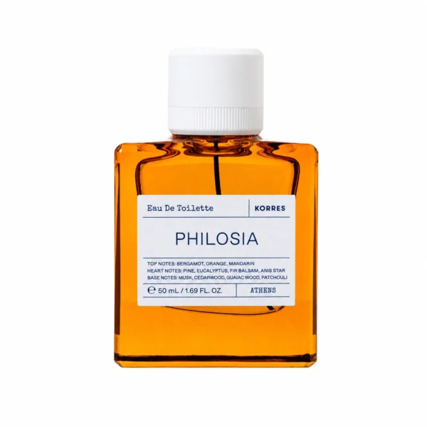 Korres Philosia Eau de Toilette 50 ml Flakon aus bernsteinfarbenem Glas mit weißem Verschluss und weißem Etikett