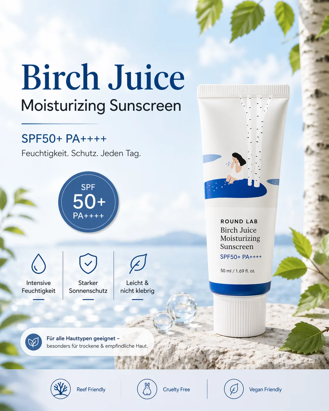 Round Lab Birch Juice Moisturizing Sunscreen SPF50+ PA++++ 50ml – K-Beauty Sonnenschutz für alle Hauttypen